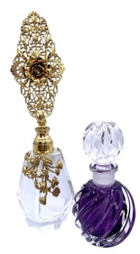 Ornate Floral Ormolu Crystal and Italian Murano Plum Crystal Perfume Scent Dresser Bottles