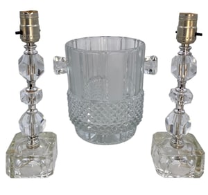 Pair Mid Century Faceted Crystal Dresser Lamps and Pressed Glass Champagne Ice Bucket