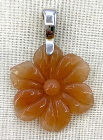 Sterling Silver Peach Jade Necklace Carved Tropical Flower Pendant