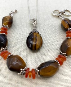 Sterling Silver, Tigers Eye and Carnelian Bracelet, Pendant and 925 Chain
