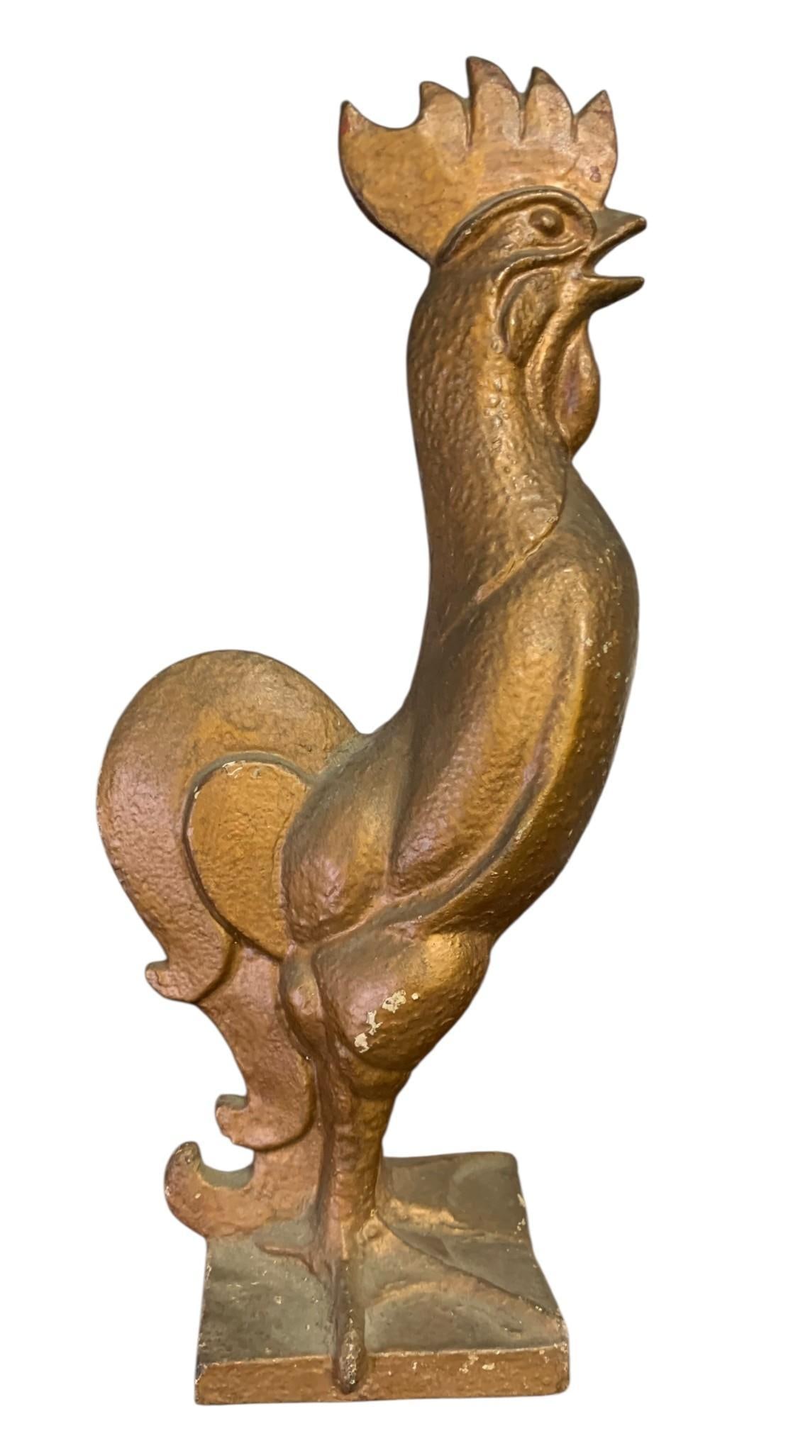 Rare Antique Large Cast Iron Crowing Rooster Doorstop, Gate Stop, Farmhouse Primitive: Early large size cast iron piece, 15 3/4" tall x 5 1/2" x 5", weighing over 9 1/2 Pounds, bronzed enamel with off white visible underneath, no structural issues.