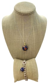 14k Gold and Sterling Silver Inlaid Lapis Earth Globe Charm Bracelet and Large Planetary Pendant