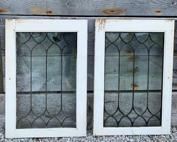 Pair of Antique Leaded White Washed Warbled Glass Cabinet Doors, Cupboard, Windows