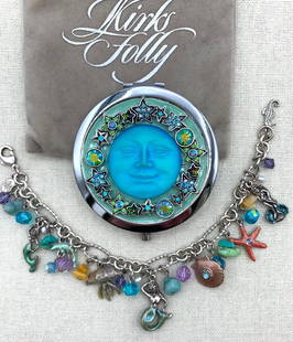 Kirks Folly Seaview Moon Magic Jeweled Mirror Compact and Magic Sea Ocean Life Charm Bracelet: Both marked Kirks Folly, 3 1/8" x 2 7/8" compact with storage pouch, 8" length for the bracelet, both Fantastic!