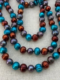Superb Gray, Teal and Copper Ringed Freshwater Pearl Hand Knotted Single Strand 925 Clasp Necklace