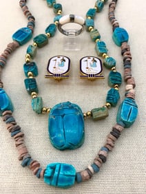 5 pc Egyptian Scarab Beetle Necklaces, Enamel Cartouche Earrings and Sterling Silver MOP Ring