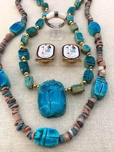 5 pc Egyptian Scarab Beetle Necklaces, Enamel Cartouche Earrings and Sterling Silver MOP Ring: Fantastic baked clay turquoise glazed scarab necklaces, clip on enamel Egyptian cartouche&;ERM earrings and 925 hallmarked ring with polished bands of gleaming Mother of Pearl, size 9.&;