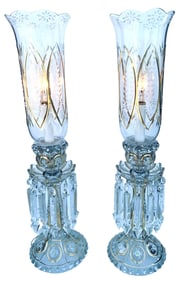 Incredible PAIR of Vintage Etched, Hand Painted, Gilded Clear Glass Buffet Lamps with Crystal Prisms