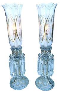 Incredible PAIR of Vintage Etched, Hand Painted, Gilded Clear Glass Buffet Lamps with Crystal Prisms: 21 1/4" x 6", Clear Glass hand etched, painted and gilded, 12 crystal prisms per lamp, each cord has a dial switch, illuminates when plugged in, glass shade has scalloped edge, no structural issues.