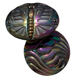 2 Antique Art Nouveau Amethyst Carnival Glass Moth, Butterfly, and 6 Plums Fruit Hatpins