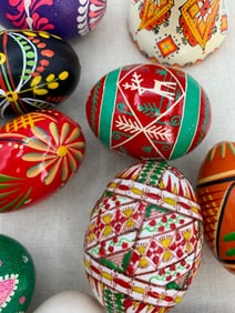 13 pc Ukrainian, Polish, Chinese Pisanka, Hand Painted Chicken and Wooden Egg Art