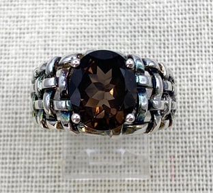 Sterling Silver Openwork Woven Basketweave Smoky Quartz Statement Ring