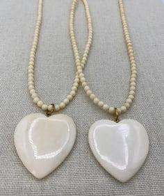 Pair Hand Carved Twin Heart Pendant Polished Bead Necklaces