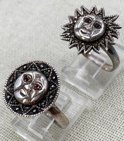 Pair Sterling Silver Garnet and Marcasite Sun God Rings