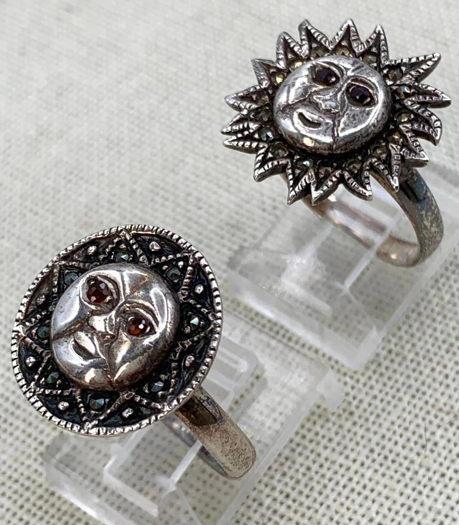 Pair Sterling Silver Garnet and Marcasite Sun God Rings (1 of 14)