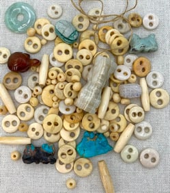 114 pc Antique 2 Hole Bone and Glass Buttons, Natural Stone Animal and Bug Pottery Carvings