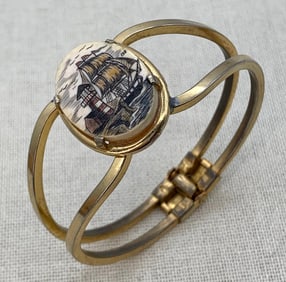 Vintage Maritime Scrimshaw Tall Ship Hinged Cuff Openwork Bangle Bracelet