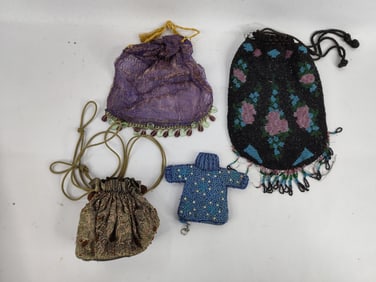 Beaded floral satchel and Ladies drawstring bags / purses inc. zippered change purse