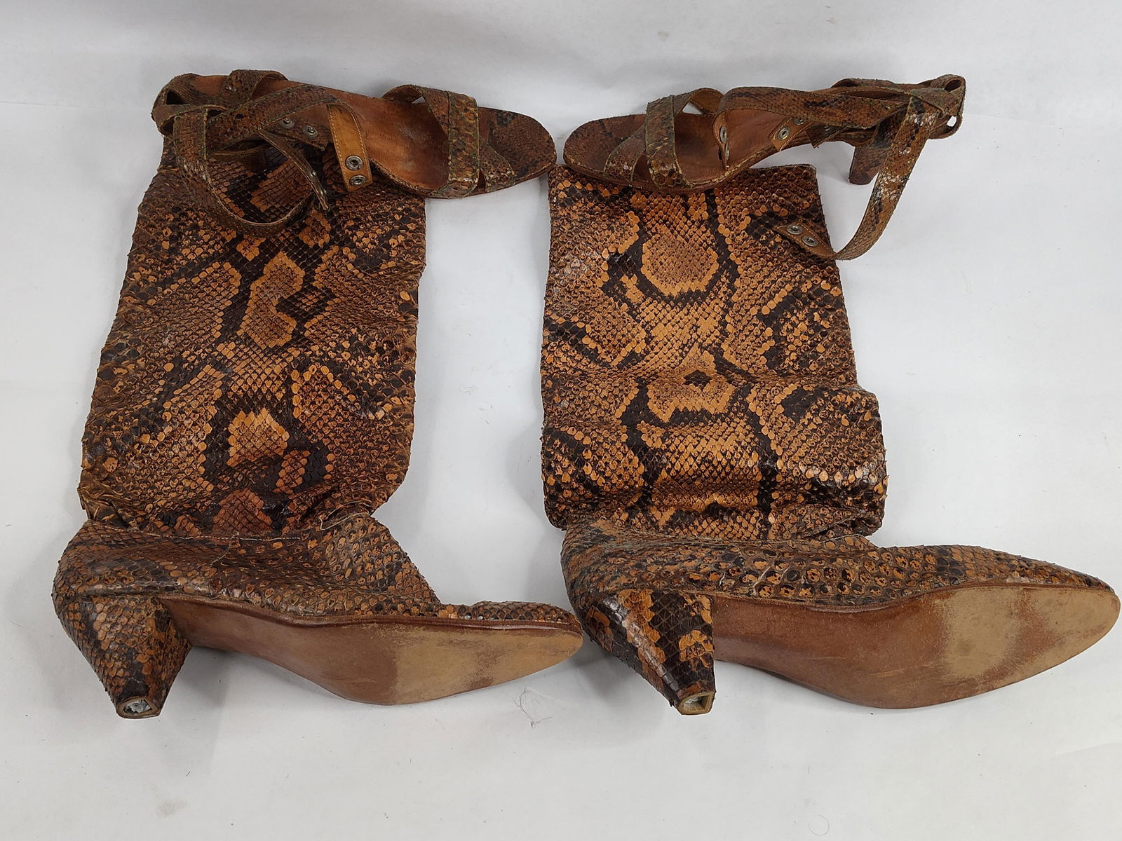 Snakeskin Boots and Heels: Boots are by an unknown designer, no size is listed but measures 9.5 inches. Strappy heels are approx 9 inches
