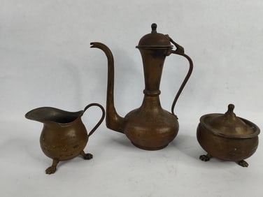 Middle Eastern Tinned Copper Aftaba Arab Ewer 3 pce. set