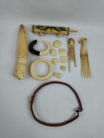 African bone & all natural materials assorted lot of hand carved artifacts