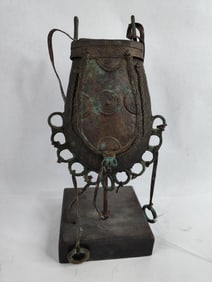 Rare Early African bronze old Ashanti Kudo tribal lidded flint pouch on display mount
