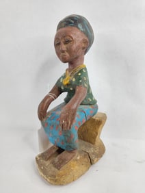 Hand carved vintage African folk art wood carved painted sculpture polychrome figure "seated woman"