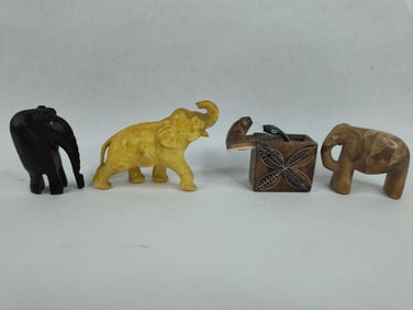 African Art Stone, wood and natural material carved elephants and Suprise snake box