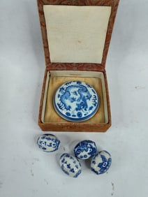 Vintage Chinese Blue and White porcelain covered seal paste box with early beads