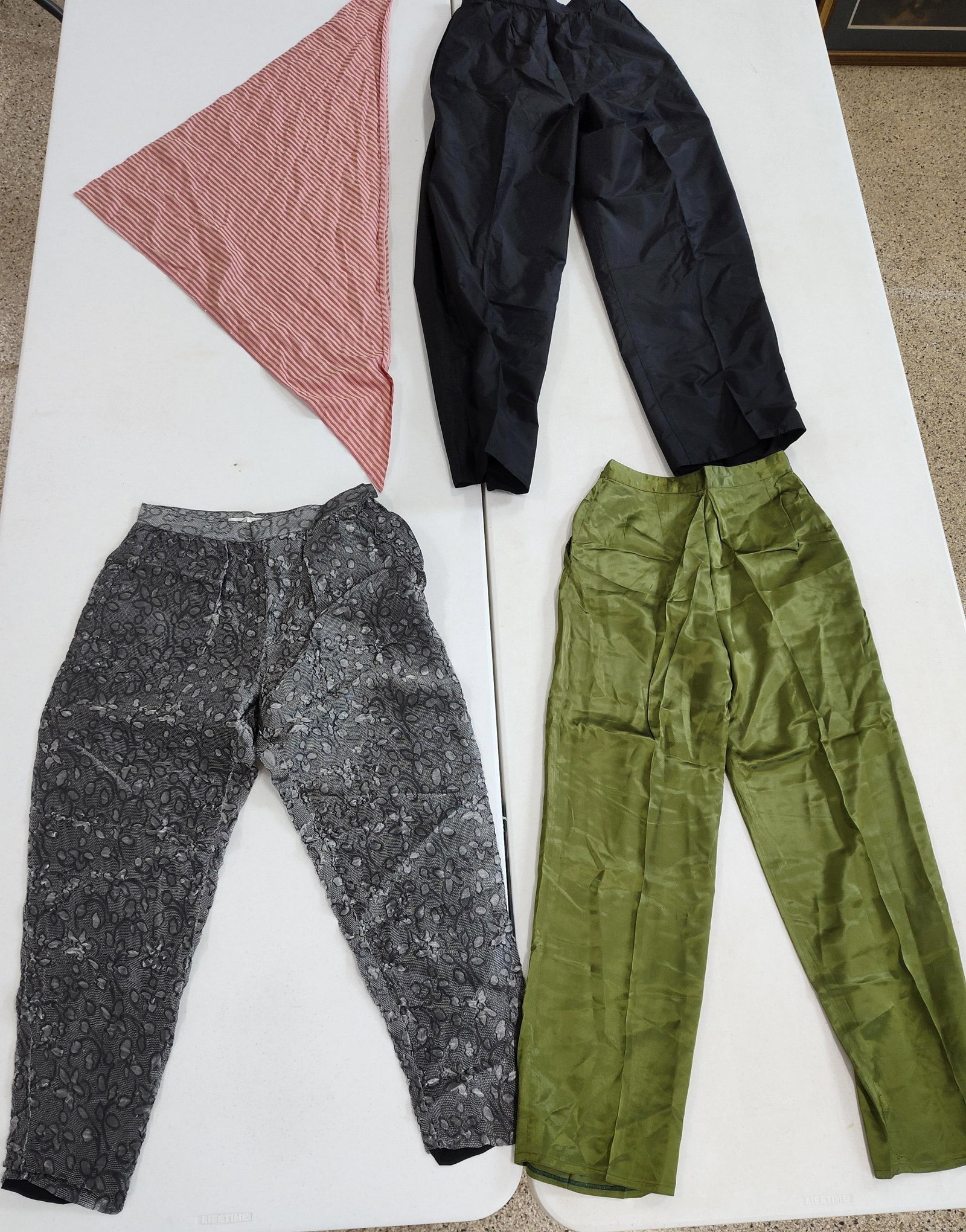 Onyx Designer custom Vintage clothing lot inc. pants and bandeau top: green silk pants size smallblack silk pants size 12pink striped bandeau top one sizesilver suit pants silk size 12