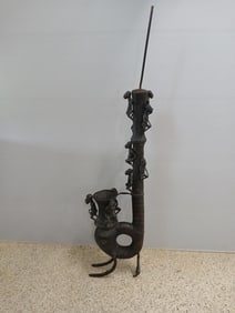 Rare African Artifact hand crafted Bronze Elephant Horn Instrument with Figural men & tusks
