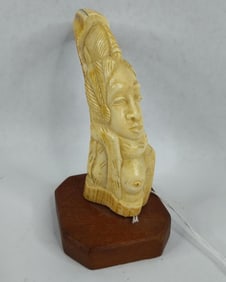 Hand Carved African Natural Material Tusk Tribal Female figurine sculpture on mount