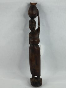 Hand carved African Christian wood sculpture woman/mother w/ water pot & baby figural carving