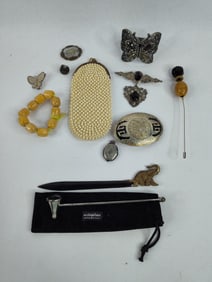 Jewelry, bead, stone, rhinestone lot inc. purse, belt buckle, pins and more