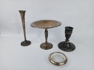 Sterling Compote, Vase, Coaster, and Candle Holder lot of 4