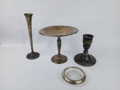 Sterling Compote, Vase, Coaster, and Candle Holder lot of 4: This sterling lot inc. 4 pcs. compote 6.5 in. H and 7.5 in. Dbud vase is 9 in. H?candle holder 5 in. H?coaster 4 in. D?