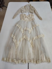 Early Lace, Tulle and silk Wedding Gown with lace shrug