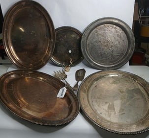 1865 Silver Plated Service ware Trays and spatula ,sterling serving fork