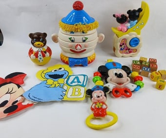 Children's lot of vintage toys, rattles and more Disney, Texas Insturments