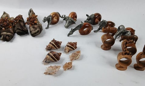 Lot of African Wood and pewter animal Napkin Rings