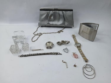 Jessica McClintock Clutch, Crystal Salts, Silver tone jewelry, Watches and more
