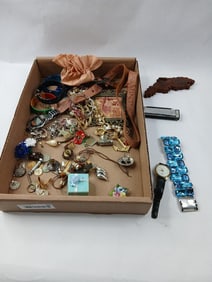 Loaded lot of misc. Jewelry, Souvenirs, Keychains, Harmonica, Change purse, belt, Coins and more