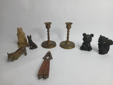Brass and wood figurines, candleholders and more