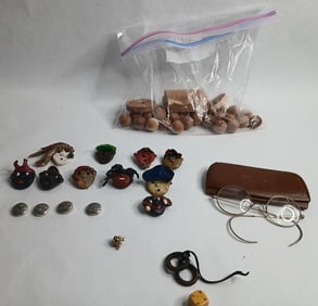 Wood beads and hand crafted clay people pins with early glasses