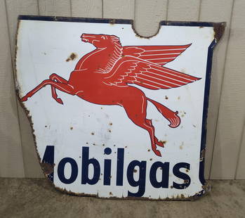 Double Sided Mobilgas Pegasus Sign: Porcelain sign with several hits, rusted edges, and chips. This sign des have flanges on one end for display. Overall color is good and image is vibrant! 48x51.