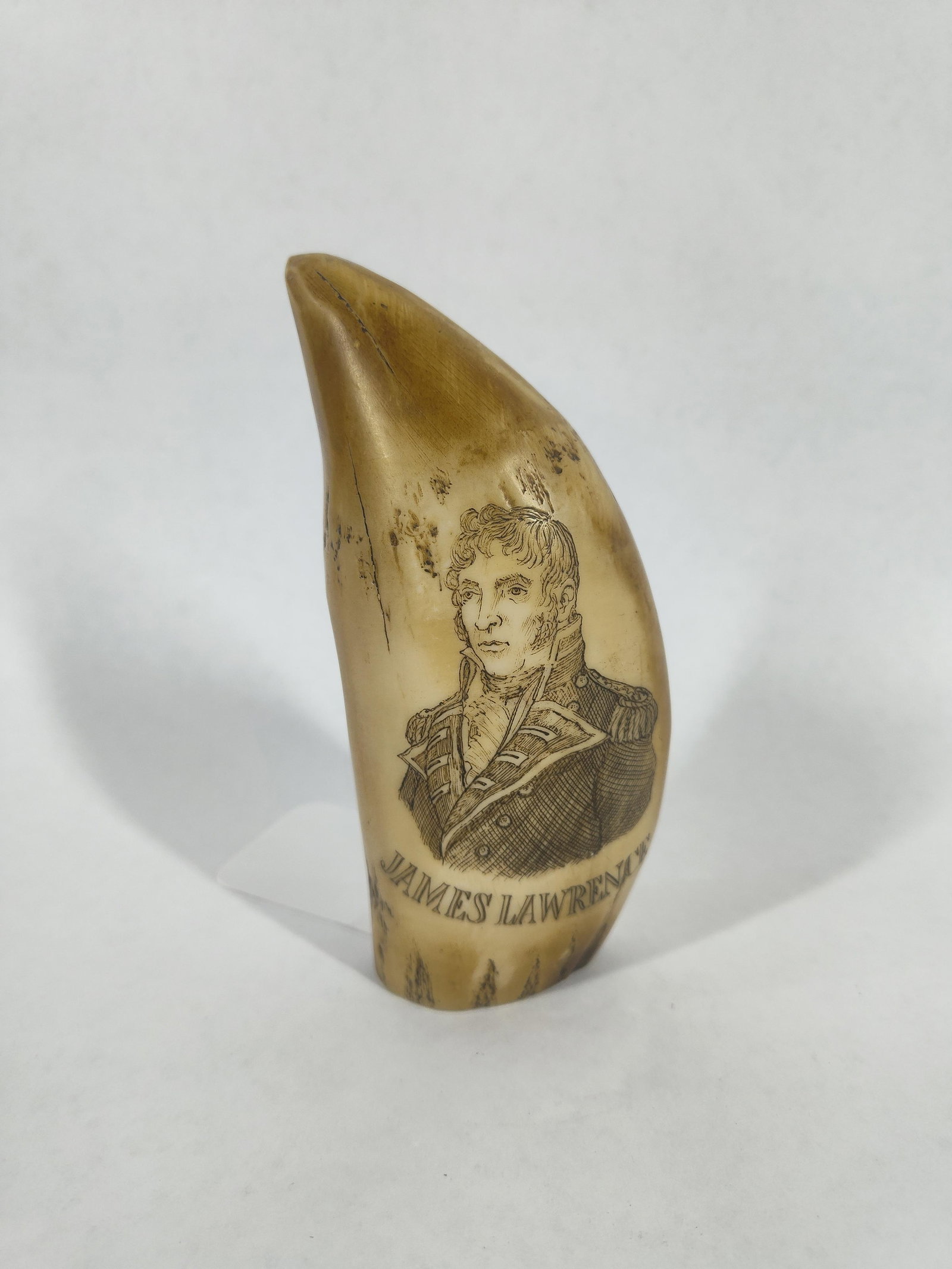 Scrimshaw James Lawrence The Chesapeake: 6 inches long, with images of The Chesapeake clipper ship to one side and James Lawrence portrait to the other.