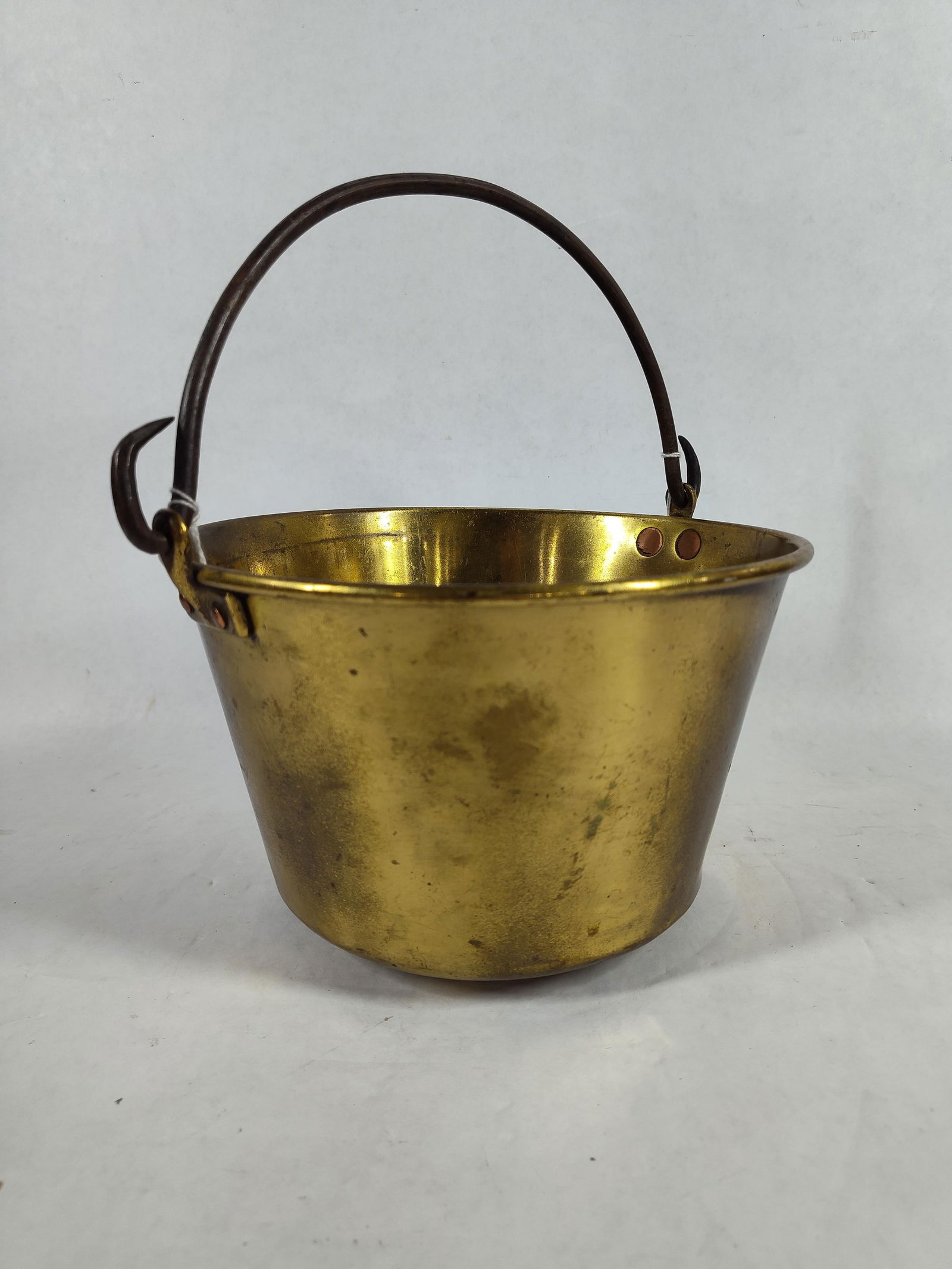 Quaint Little Brass Bucket: Copper rivets and steel handle. A few small dents in bottom but in very solid condition. 6 x 9