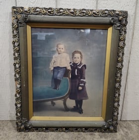 Antique Deep Well Framed Painting of 2 Children