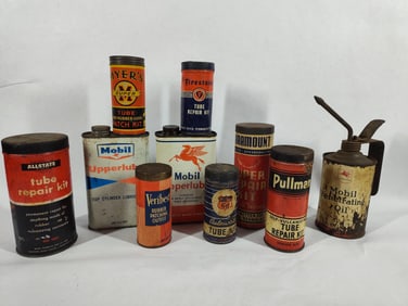 Petro lot of tins inc. Mobil, Firestone, Socony, Phillips 66, Myers, Veribest, Paramount & Pullman