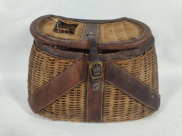 Antique Hand woven Fishing Creel wicker and leather basket tackle